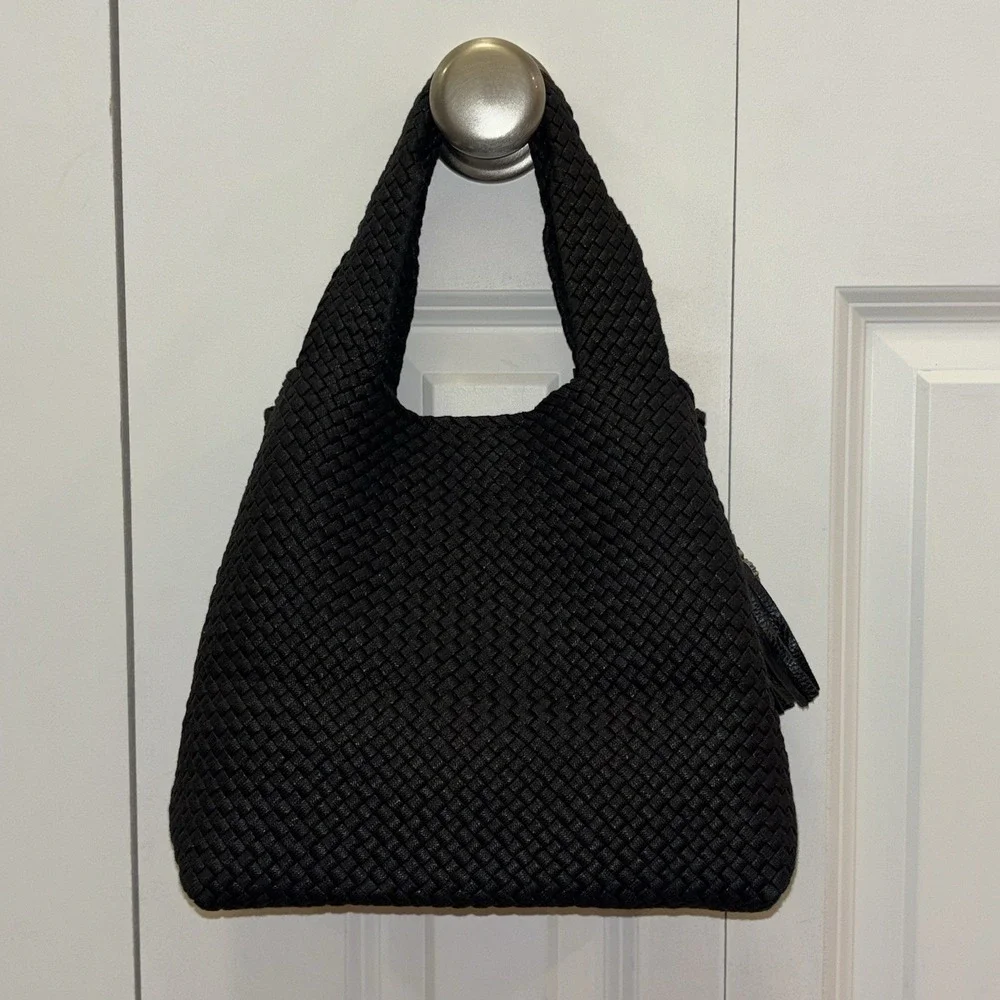 NWOT 120% Lino Italian Black Woven Handbag Mini Tote Logo Tassel